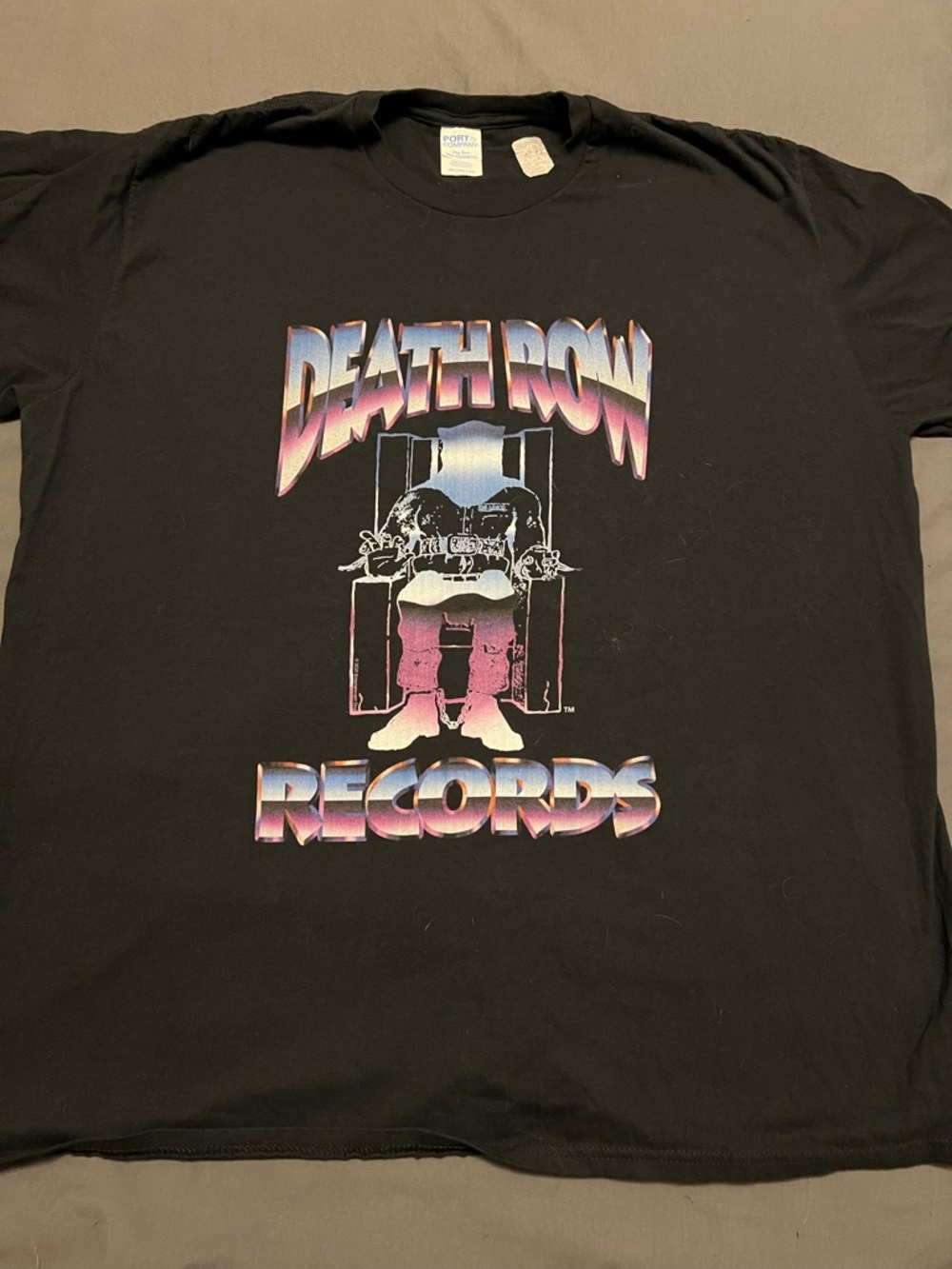 Port and Company Death Row Records Black Crew Neck Tee with White Tag Print